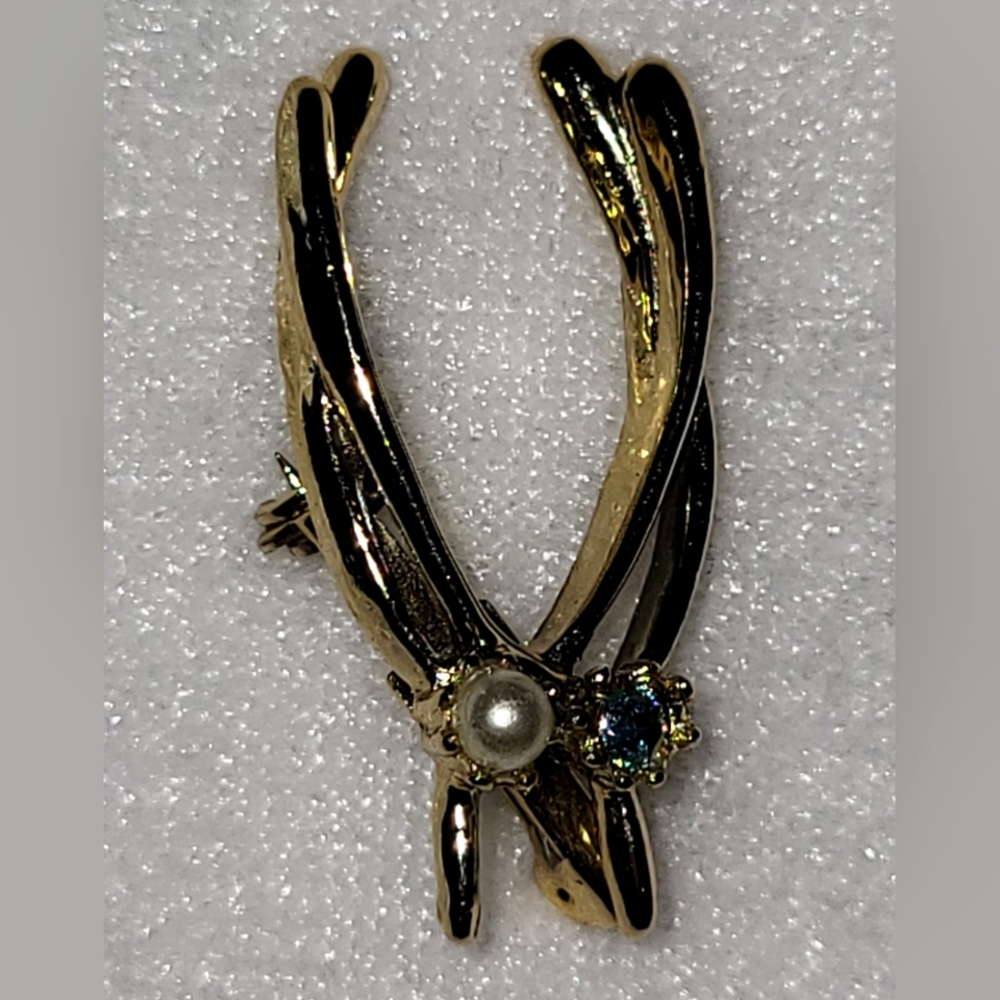 Vintage Silver Double Wishbone Pin, Blue Rhinestone & Faux Pearl Wishbone Brooch